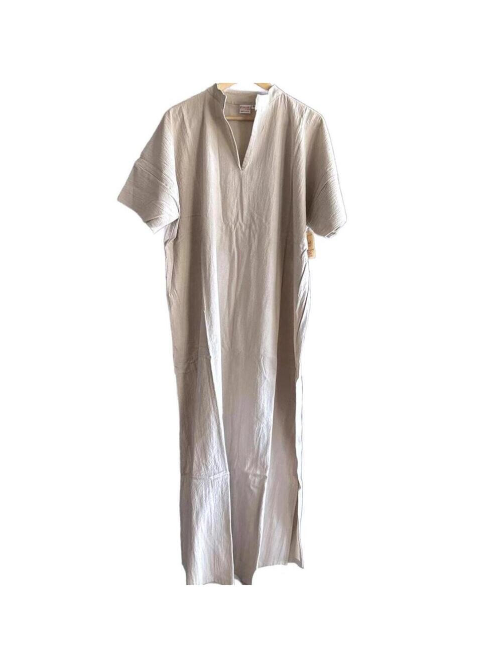 B'Gauze Womens Size 2 (L/XL) Cotton Gauze Tan/Beige V-Neck Maxi Dress Kaftan NWT - Picture 2 of 5